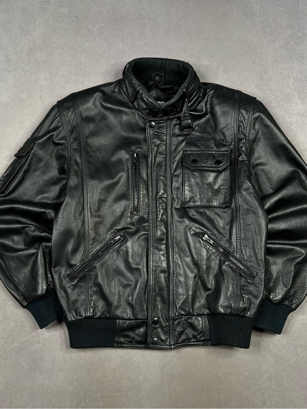 Vintage Snap On Men's Black Leather Bomber Jacket with Utility Pockets